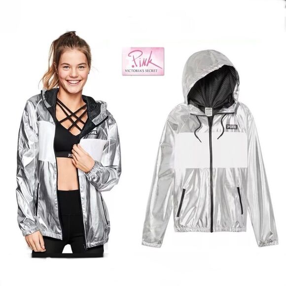NWT Sz M/L Victoria's Secret Pink Full Zip Hoodie Anorak Jacket Silver White New - Picture 1 of 8